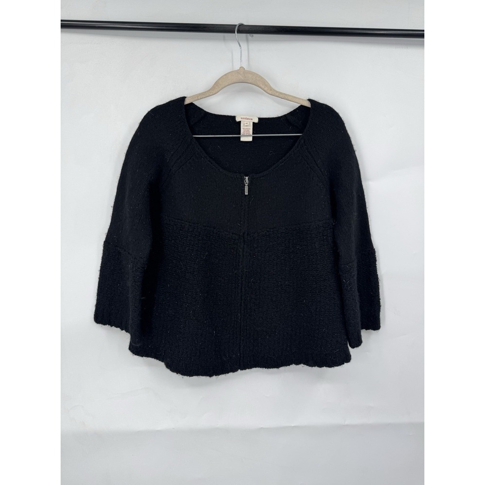 Sundance Wool Blend Zip Front Sweater Women Medium Fits Small Black Flawed‎ Knit